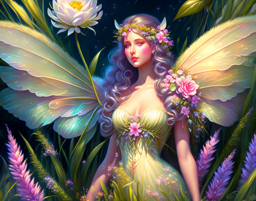 Ethereal fairy with luminescent wings in night-time garden