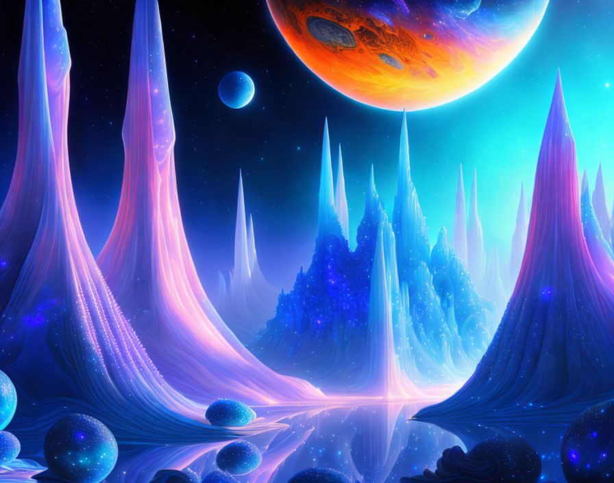 Majestic fantasy landscape with spires, planet, moons, and glowing orbs