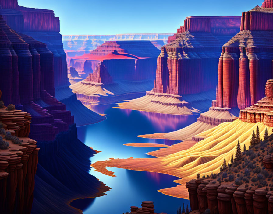 Majestic canyon digital artwork with layered rocks and river