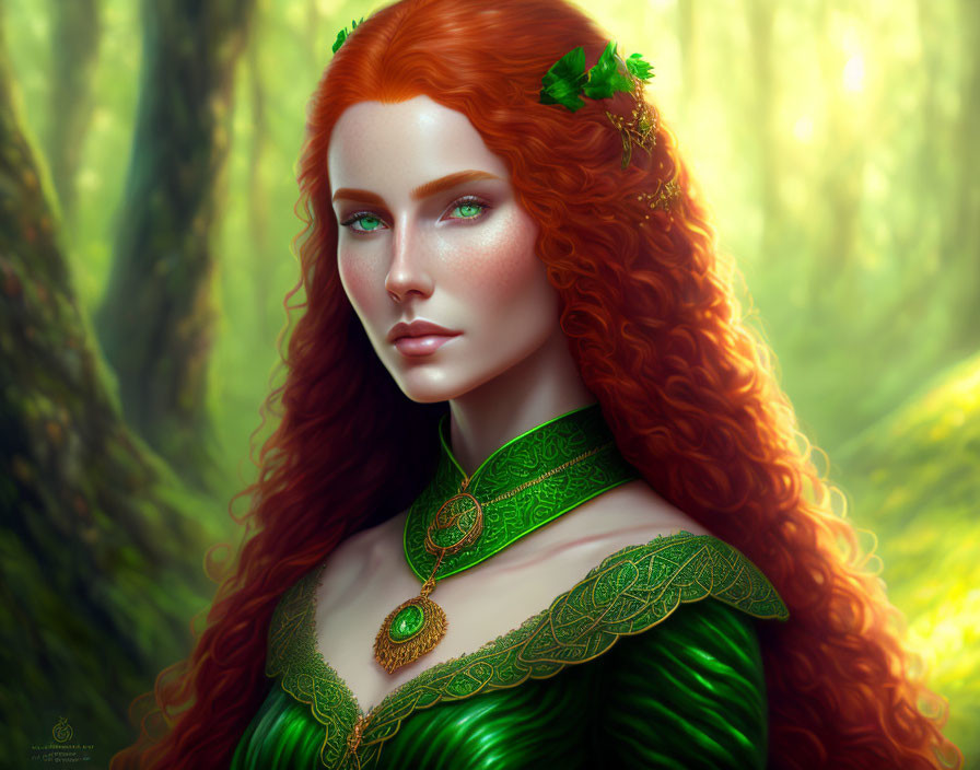 Digital artwork of woman with long red hair and green eyes in green dress with gold embroidery.