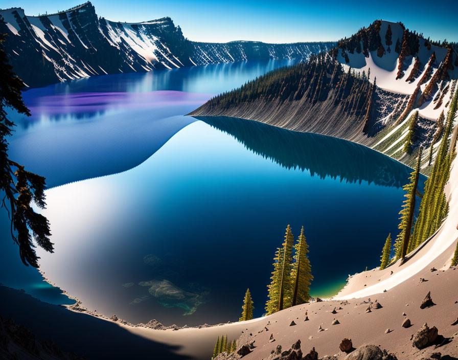 Snow-capped cliffs frame deep blue Crater Lake, reflecting sky and trees.