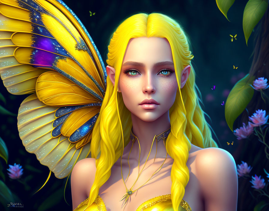 Fantasy female character with yellow butterfly wings and vibrant hair in mystical forest setting