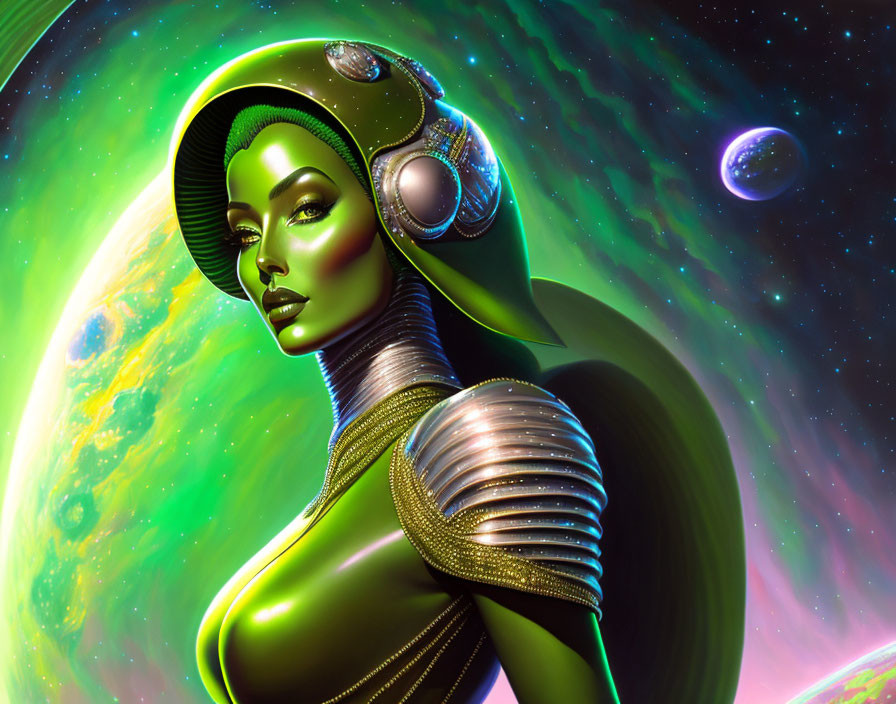 Green-skinned female in space helmet & armor on cosmic background.