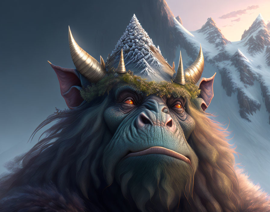 Regal ape with horns in crown against snowy mountain backdrop