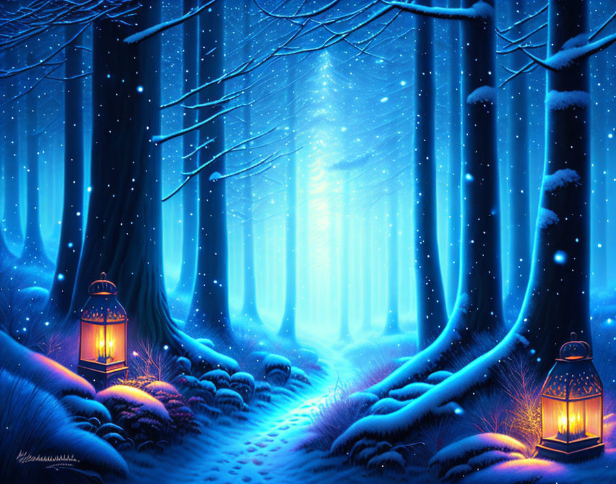 Snow-covered mystical winter forest with glowing lanterns and winding path