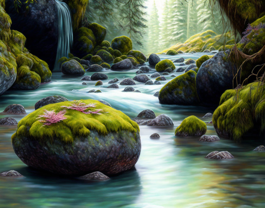 Tranquil stream with moss-covered rocks, lush trees, and distant waterfall