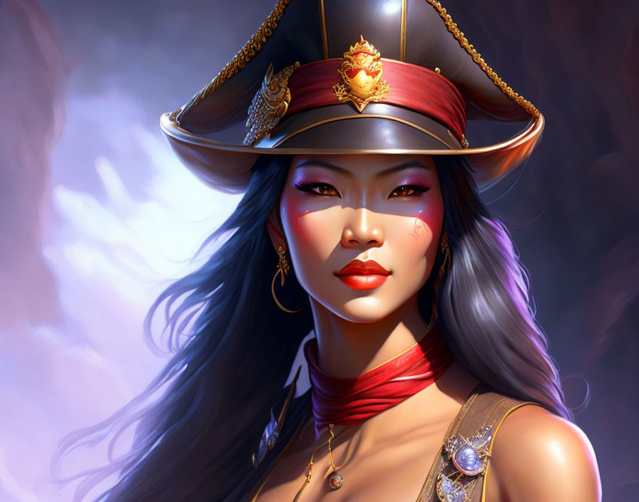 Digital art portrait of woman with black hair, golden hat, red scarf, and gold earrings on purple