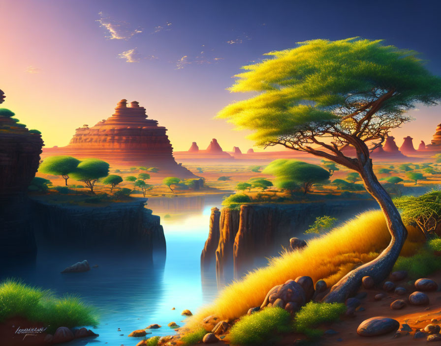 Fantastical landscape with solitary tree, canyon, and rock formations