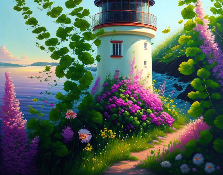 Scenic lighthouse in lush garden setting