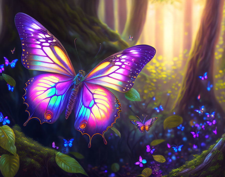 Colorful Purple Butterfly Art in Sunlit Forest