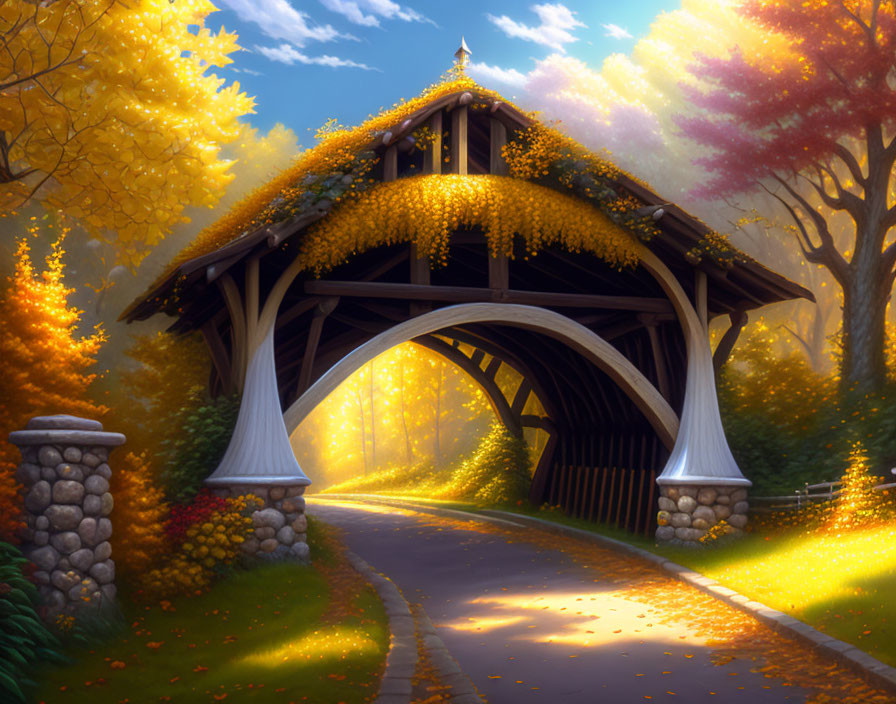 Scenic covered bridge in autumn foliage and soft sunlight