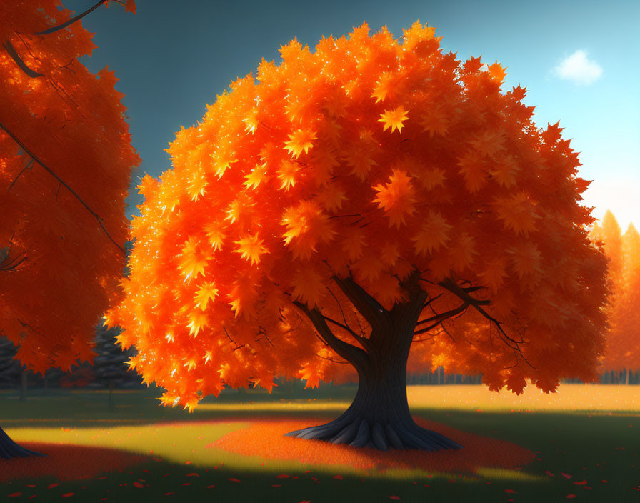 Vibrant autumn tree with thick trunk in park setting with fallen leaves and sunlit foliage.