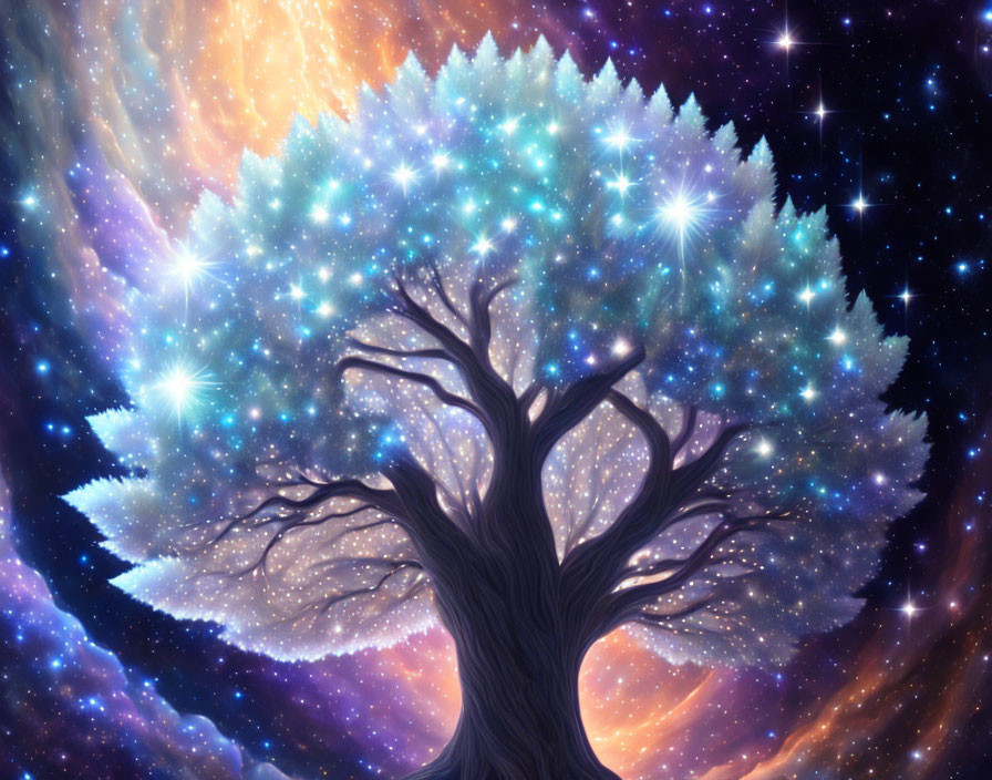 Majestic tree with star-like leaves in cosmic background