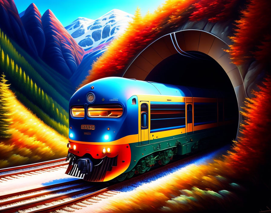 Colorful blue and orange train in autumn mountain scenery