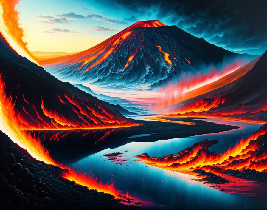 Fiery volcano eruption with molten lava and twilight sky