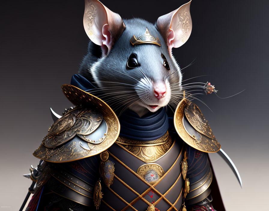 Anthropomorphic Mouse in Elaborate Samurai Armor on Grey Background