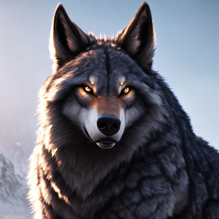 Realistic Wolf Head Digital Illustration with Yellow Eyes and Gray Fur against Winter Background