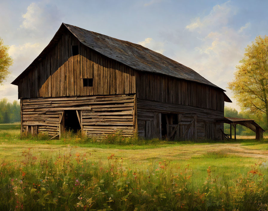 Rustic wooden barn in serene countryside landscape