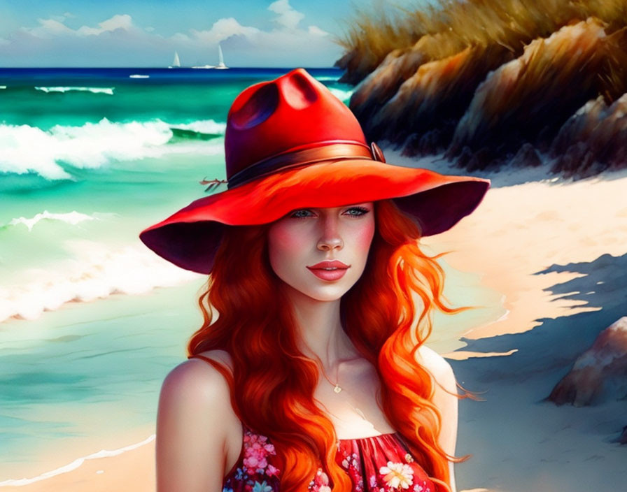 Woman with long red hair in red hat and pink sundress on sunny beach