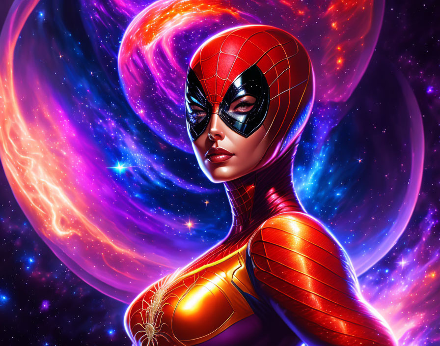 Female character in red and gold Spider-themed costume against galactic backdrop.