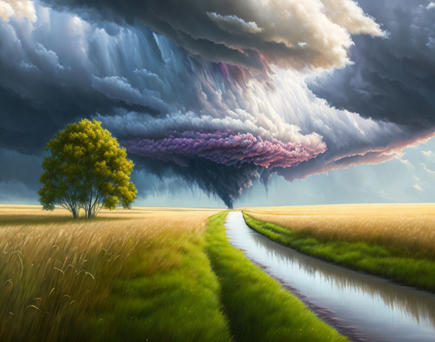 Colorful painting of lone tree in golden fields under storm cloud.