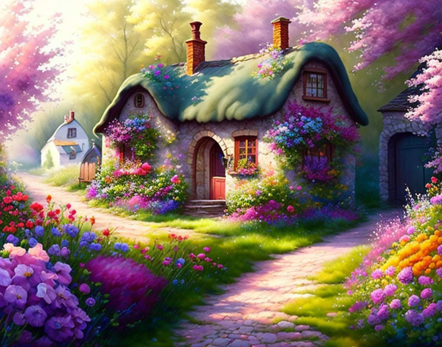 Thatched Roof Cottage Surrounded by Vibrant Flowers at Sunset