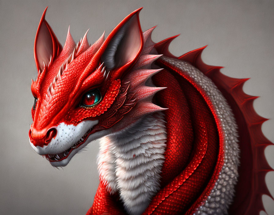 Detailed Red and White Dragon Illustration with Scale-Covered Skin and Green Eyes