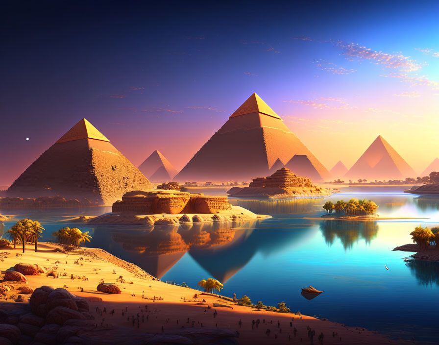 Egyptian Pyramids and River with Boat at Dusk