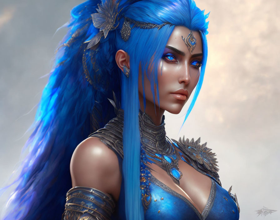 Fantasy character with vibrant blue hair and intricate gold jewelry.