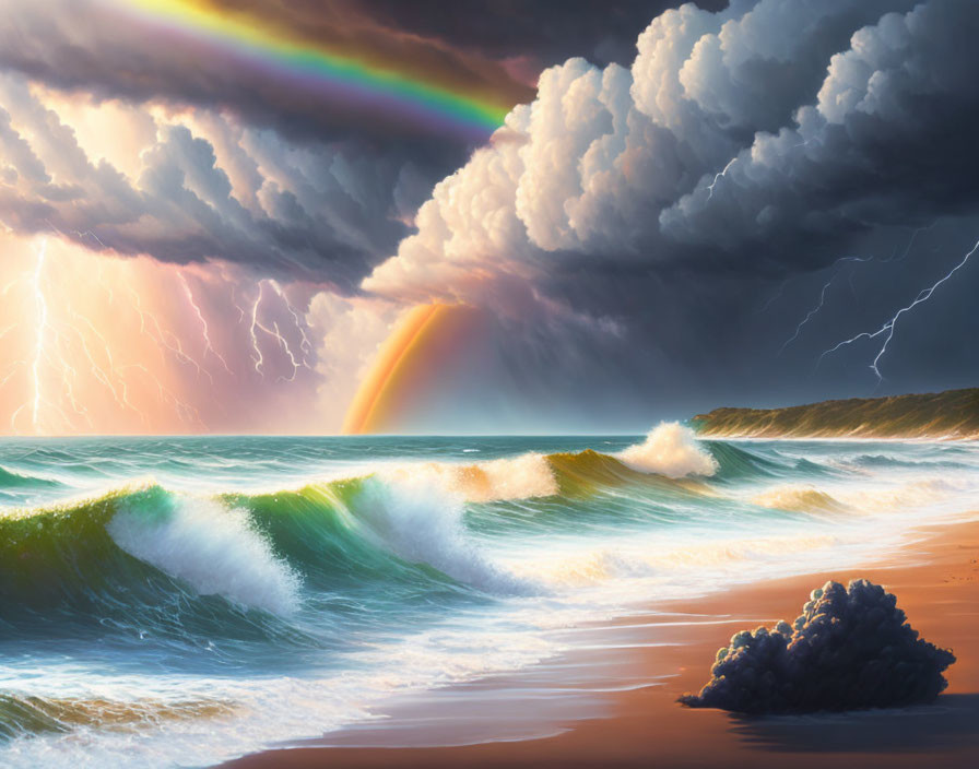 Dark Clouds, Double Rainbow, Lightning, Green Waves on Sandy Beach