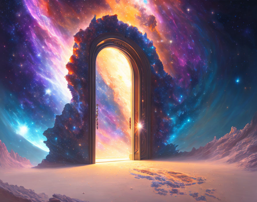 Snowy Landscape Doorway Opens to Cosmic Nebulae