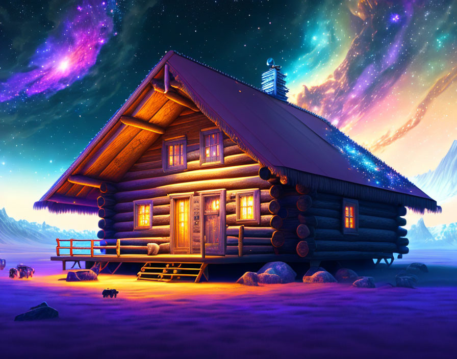 Digital Art: Cozy log cabin under vibrant night sky with aurora display