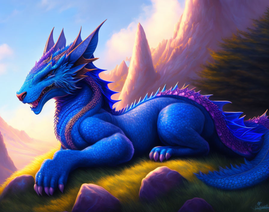 Blue dragon with spiky crests in mountainous landscape