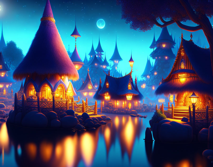 Enchanting fairytale village with glowing cottages and reflecting lake