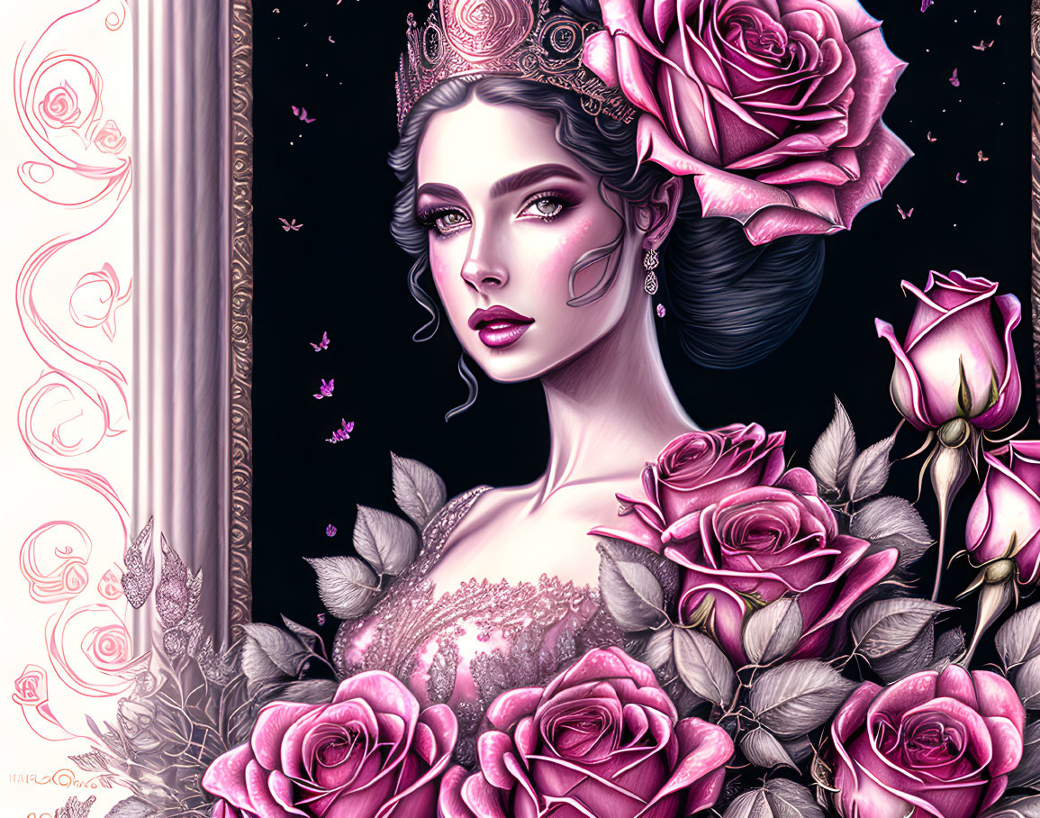 Detailed woman with tiara, roses, and butterflies in pink and purple tones