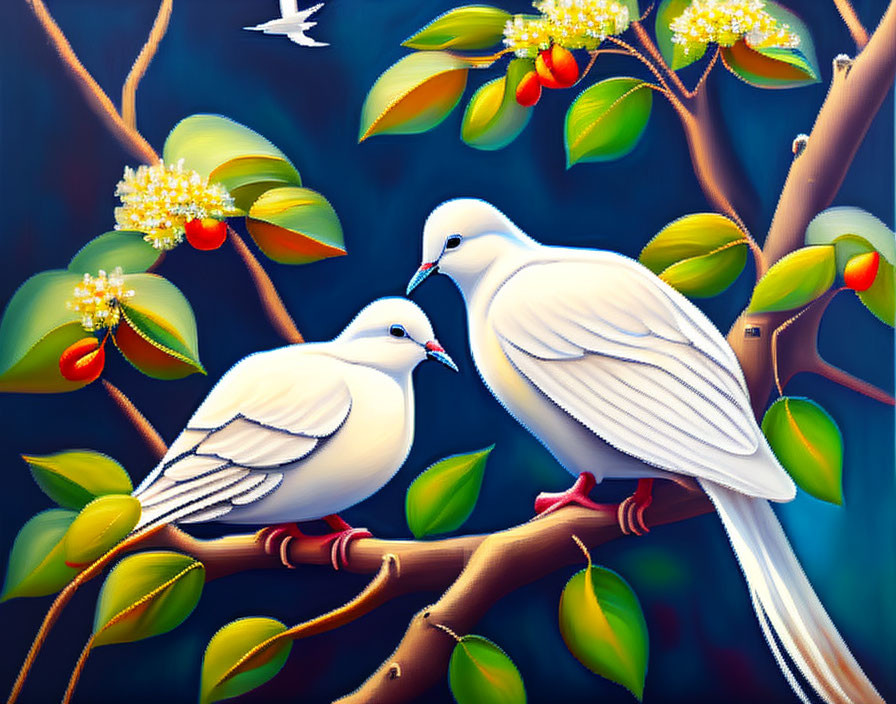 White doves on branch with flowers and flying bird on blue background