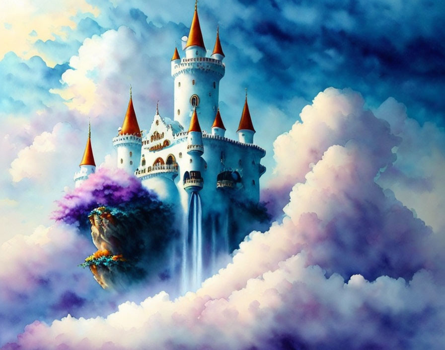 Fairytale castle with turrets on cloud, waterfall in sky