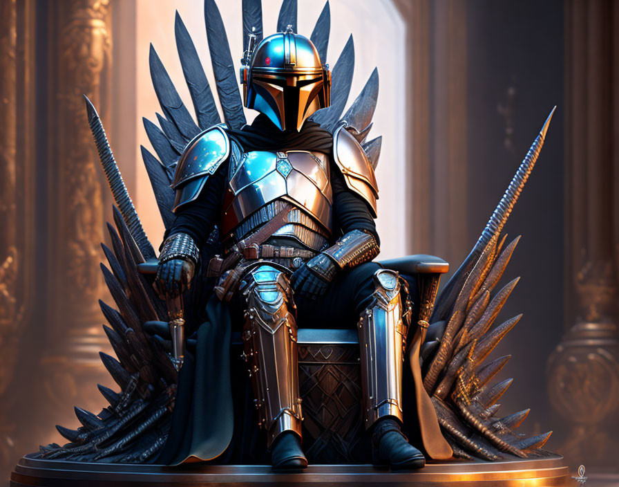 Shiny armor person on winged throne symbolizes royalty