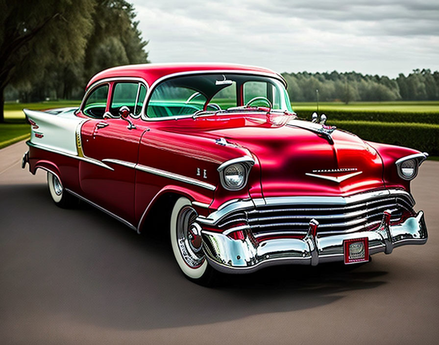 Vintage Red and White 1950s Car with Chrome Details and Whitewall Tires