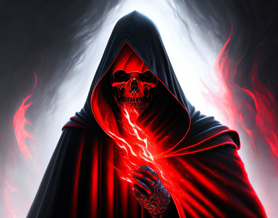 Sinister cloaked figure with skull face and red lightning in swirling smoke