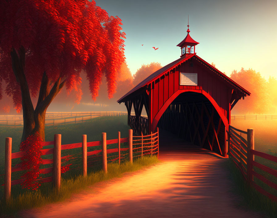 Red Covered Bridge in Autumn Foliage at Sunrise