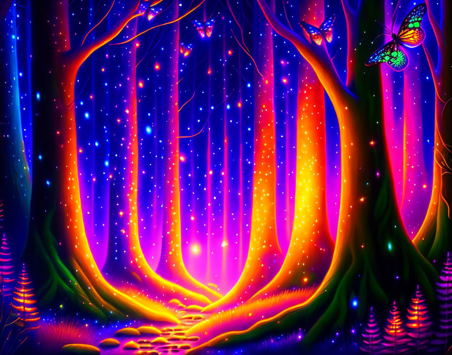 Digital Art: Magical Forest with Neon Colors, Glowing Trees