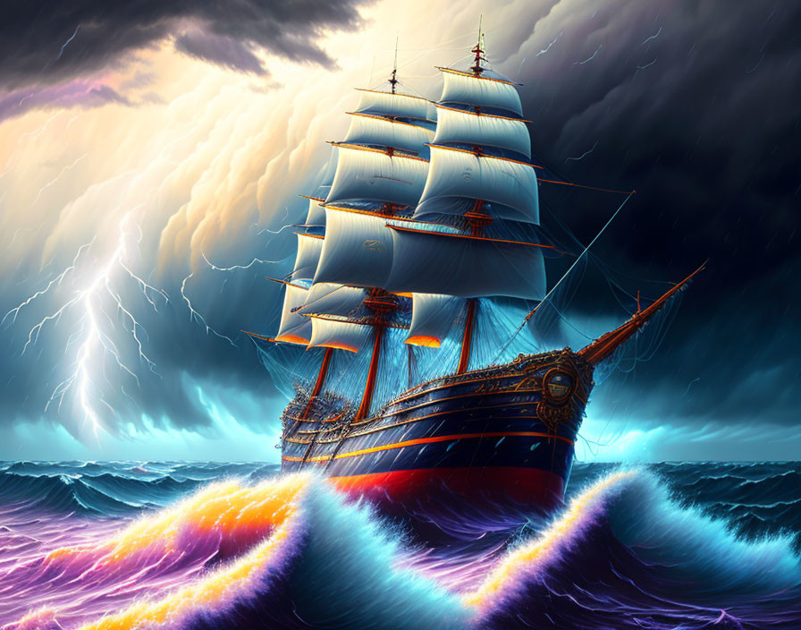 Tall ship sailing through stormy seas with lightning.