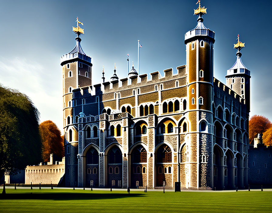 Majestic castle with ornate towers and flags under clear blue sky