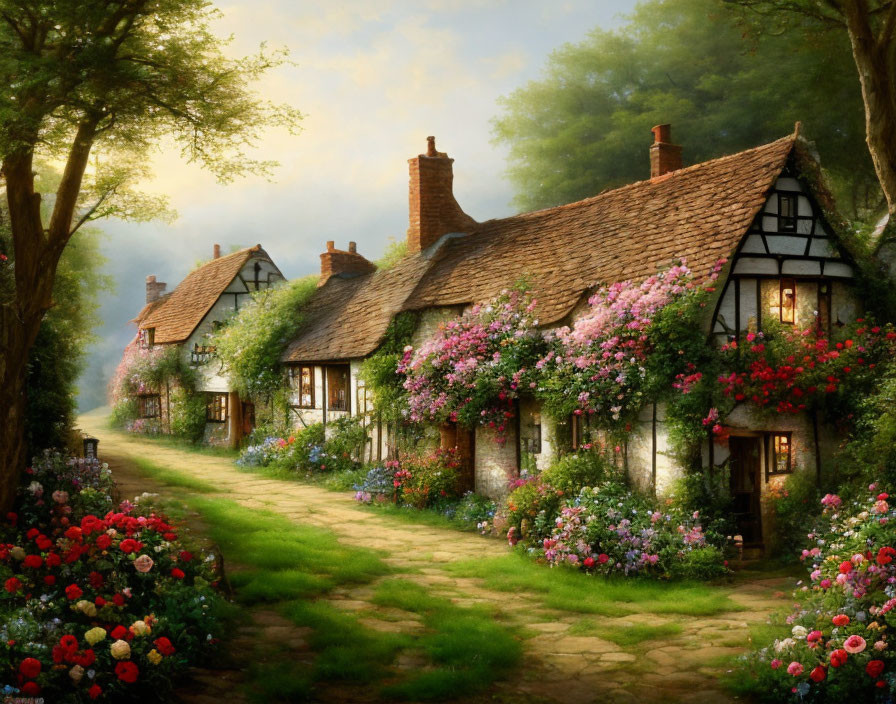 Thatched-Roof Cottages Surrounded by Colorful Flowers in Lush Landscape