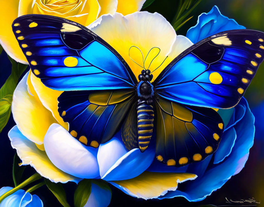 Colorful digital artwork: Blue and yellow butterfly on blooming flower