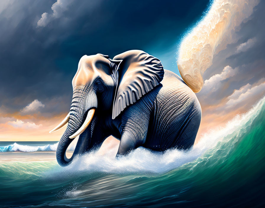 Elephant emerging from ocean waves under dramatic sky with comet.