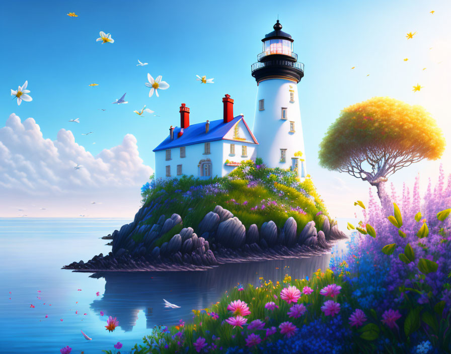 Picturesque lighthouse on lush hill with blooming flowers under blue sky