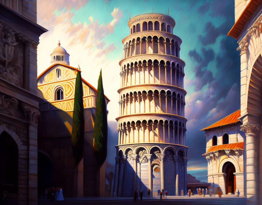 Leaning Tower of Pisa painting with dramatic sky and people walking.