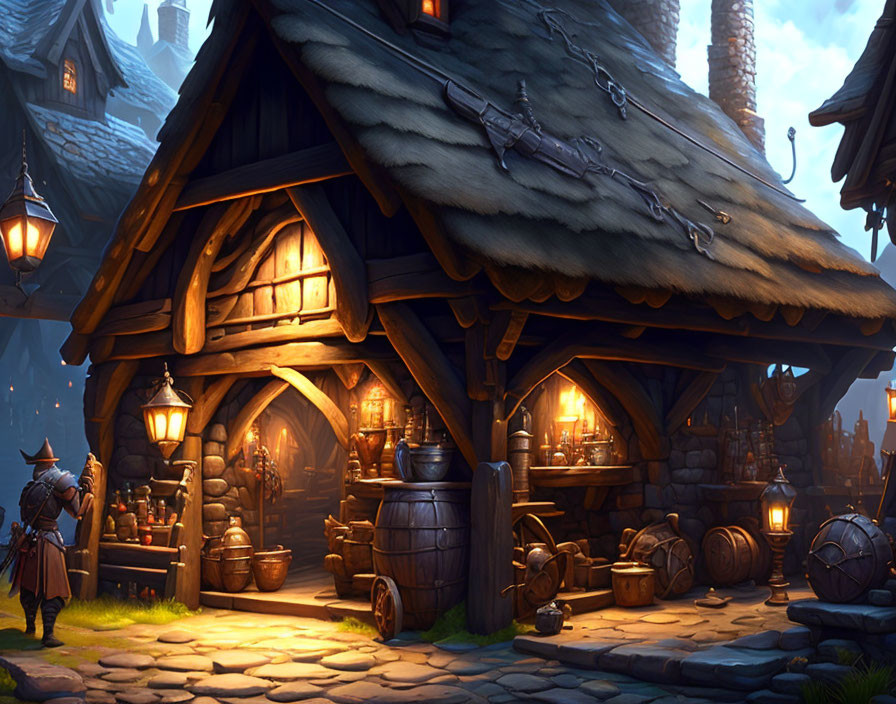 Medieval tavern scene at dusk with warm light, barrels, and cloaked figure